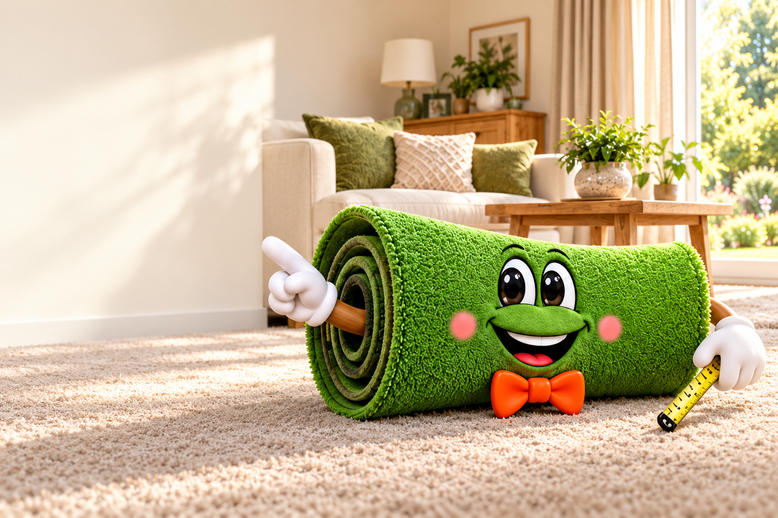 Our friendly green carpet mascot with his orange bow tie and tape measure in a cosy living room