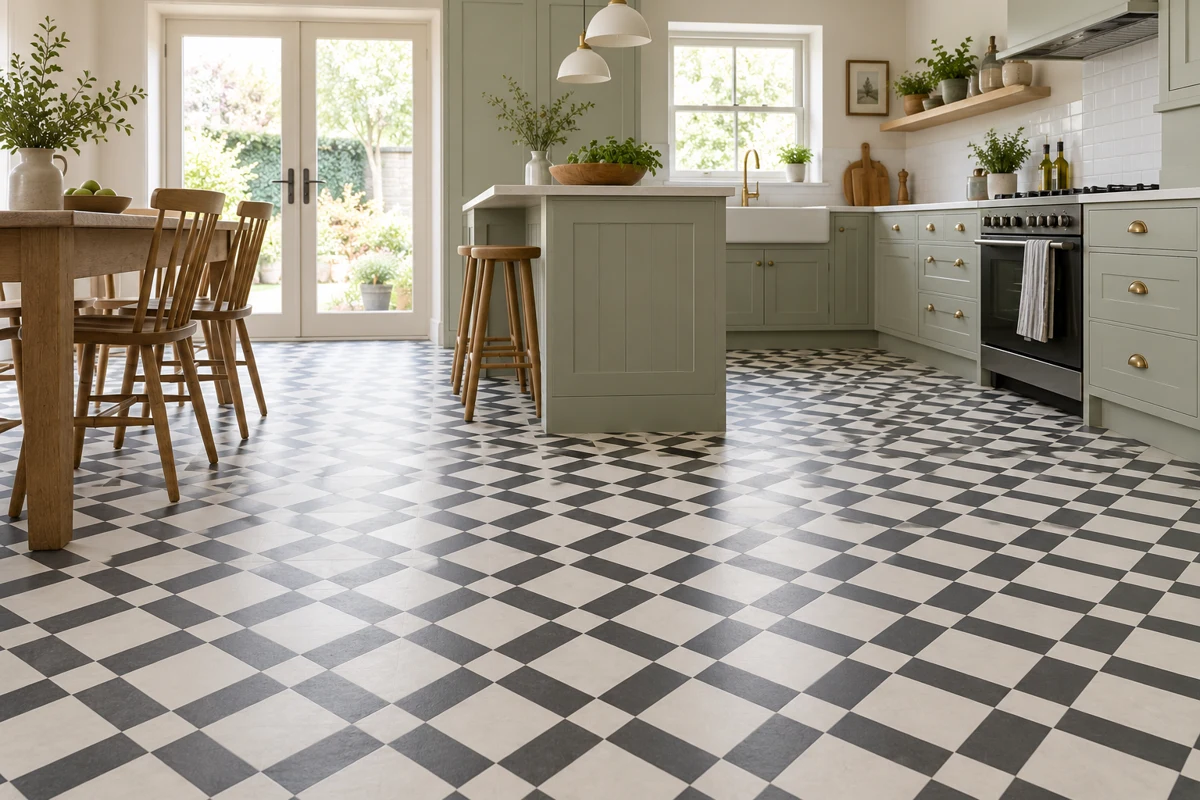 Kitchen with geometric patterned vinyl flooring